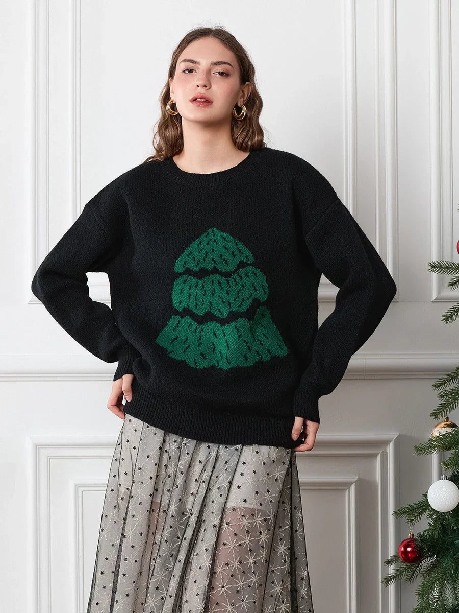Drop Shoulder Long Sleeve Round Neck Christmas Tree Warm Sweater Sweaters-L