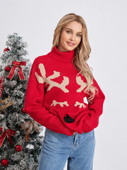 Elk Print Red Casual Long Sleeve Turtleneck Warm Christmas Sweater Sweaters-L