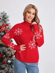 Jacquard Snowflake Long Sleeve Turtleneck Loose Knit Christmas Sweater Sweaters-L