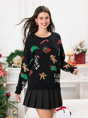 Drop Shoulder Gingerbread Man Pattern Long Sleeve Knit Christmas Sweater Black / S Sweaters-L