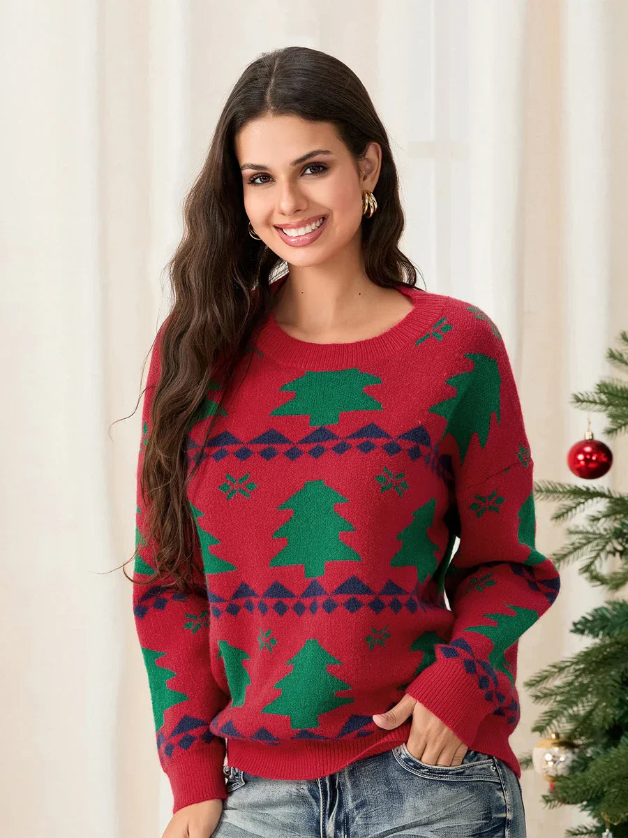 Classic Red Christmas Tree Print Loose Long Sleeve Pullover Sweater Sweaters-L
