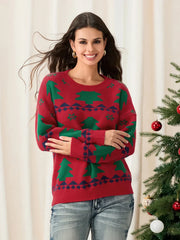 Classic Red Christmas Tree Print Loose Long Sleeve Pullover Sweater Sweaters-L