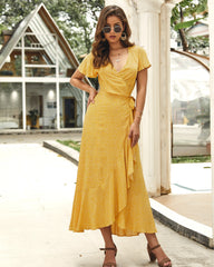 Robe longue portefeuille scintillante à manches bouffantes Riva 