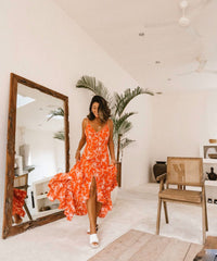 Robe longue à volants à imprimé palmiers mayas 