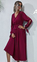 Robe midi plissée en satin Josefa - Bordeaux - VENTE FINALE 
