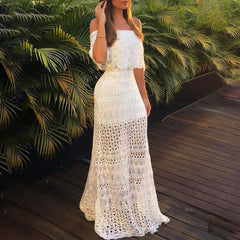 Robe midi Pascal en dentelle crochetée à volants - Blanche 