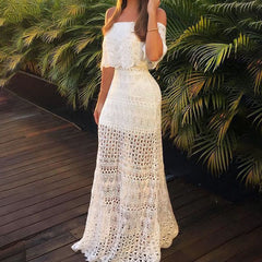 Robe midi Pascal en dentelle crochetée à volants - Blanche 