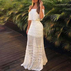 Robe midi Pascal en dentelle crochetée à volants - Blanche 
