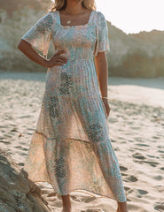 Robe longue imprimée à smocks Maynard - Crème