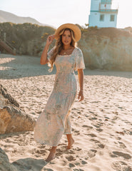 Robe longue imprimée à smocks Maynard - Crème