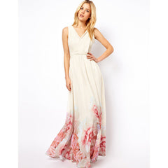 Robe longue bohème sans manches à imprimé floral et décolleté plongeant en V