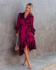 KittenAlarm - Robe midi portefeuille en satin pour anniversaire - Merlot - VENTE FINALE 