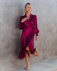KittenAlarm - Robe midi portefeuille en satin pour anniversaire - Merlot - VENTE FINALE 