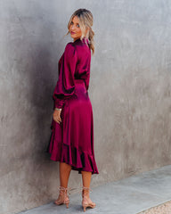 KittenAlarm - Robe midi portefeuille en satin pour anniversaire - Merlot - VENTE FINALE 