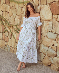 Dasha Cotton Floral Off The Shoulder Maxi Dress - Sage - FINAL SALE