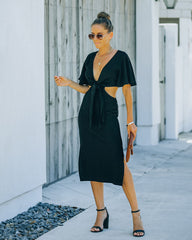 Robe midi Jenner en lin mélangé à nœud et découpe sur le devant - Noire - VENTE FINALE 