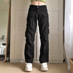 KittenAlarm - Jean ample femme Y2K, style streetwear, taille basse, poches, délavé, couleur unie, décontracté, idéal pour le travail. Pantalon en denim baggy pour femme.