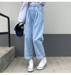 KittenAlarm - Jeans Femme Uni Vintage Taille Haute Jambes Larges Pantalon en Denim Simple Étudiantes Décontractées et Chics Style Harajuku
