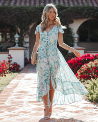 Robe longue Kayan à imprimé palmiers, boutonnée et smockée 