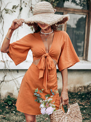 Robe midi Jenner en lin mélangé à nœud sur le devant et découpe - Orange