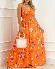 Robe longue bustier à smocks Farhan à motif floral - Rouille 