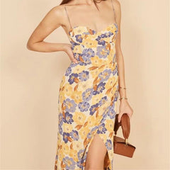 Robe midi fauve à imprimé floral en satin et col bénitier - Jaune