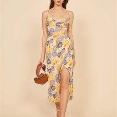 Robe midi fauve à imprimé floral en satin et col bénitier - Jaune