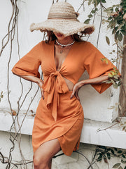 Robe midi Jenner en lin mélangé à nœud sur le devant et découpe - Orange