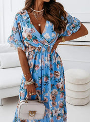 Robe longue Bodey à fleurs, volants et découpes - Bleu clair 