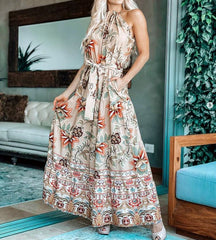 Robe midi Hadley à poches, imprimé floral et bretelles nouées - Moka 