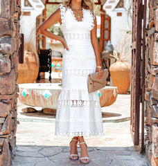 Robe longue à volants en coton ajouré Jadene - VENTE FINALE 