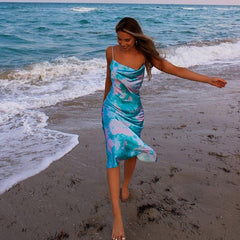Robe nuisette midi en satin imprimé Eventide - Aqua 