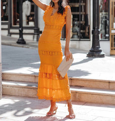 Robe longue à volants en coton Jade à œillets - Tangerine - VENTE FINALE 