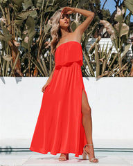 Robe longue fendue sans bretelles - Orange vif 