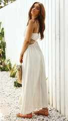 Robe longue dos nu Rachelle en lin mélangé à découpes - Taupe 