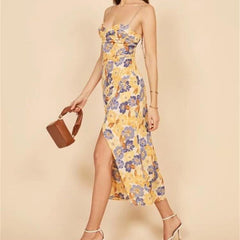Robe midi fauve à imprimé floral en satin et col bénitier - Jaune