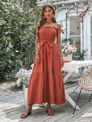 Robe longue bustier à volants effet cascade - Papaye 