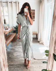 Robe-chemise midi en satin à nouer sur le devant - Olive 