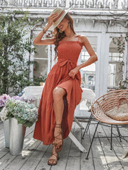 Robe longue bustier à volants effet cascade - Papaye 