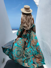 Robe maxi à épaules dénudées et smocks à motif cachemire 