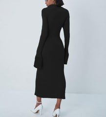 Robe midi boutonnée côtelée en mélange de coton Praia - Noire - VENTE FINALE 