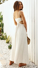 Robe longue dos nu Rachelle en lin mélangé à découpes - Taupe 