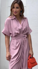 Robe-chemise midi Essence en satin à nouer sur le devant - Lavande