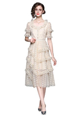 Robe longue Fontana asymétrique en dentelle à volants 