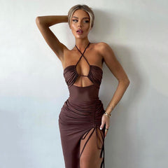 Robe longue Pina à smocks et découpes - Marron 
