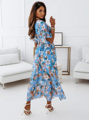 Robe longue Bodey à fleurs, volants et découpes - Bleu clair 