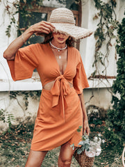 Robe midi Jenner en lin mélangé à nœud sur le devant et découpe - Orange