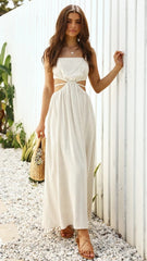 Robe longue dos nu Rachelle en lin mélangé à découpes - Taupe 