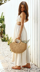 Robe longue dos nu Rachelle en lin mélangé à découpes - Taupe 