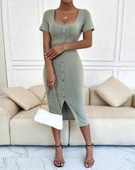 Robe midi Kamila boutonnée en maille côtelée - Avoine